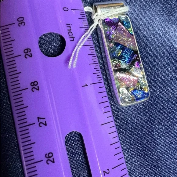 Pendant*Dichroic Glass 925 Solid Sterling Silver Setting Colorful Bar - Picture 10 of 11